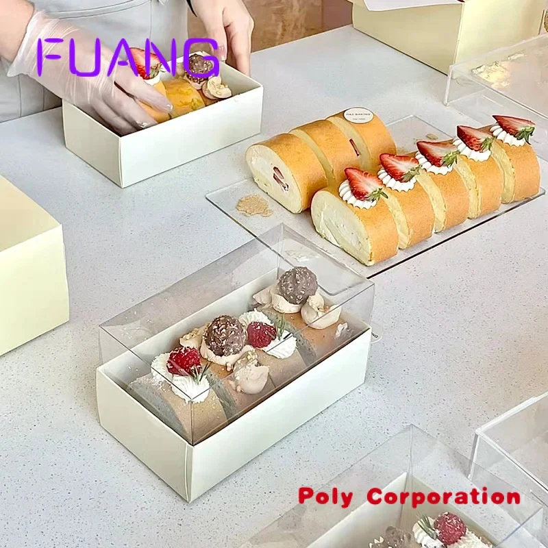 Custom  Long Plastic Clear Lid Pink Bakery Packing Swiss Roll Cake Box Custom Printed Gift Dessert Food Packaging Clear Pastry B