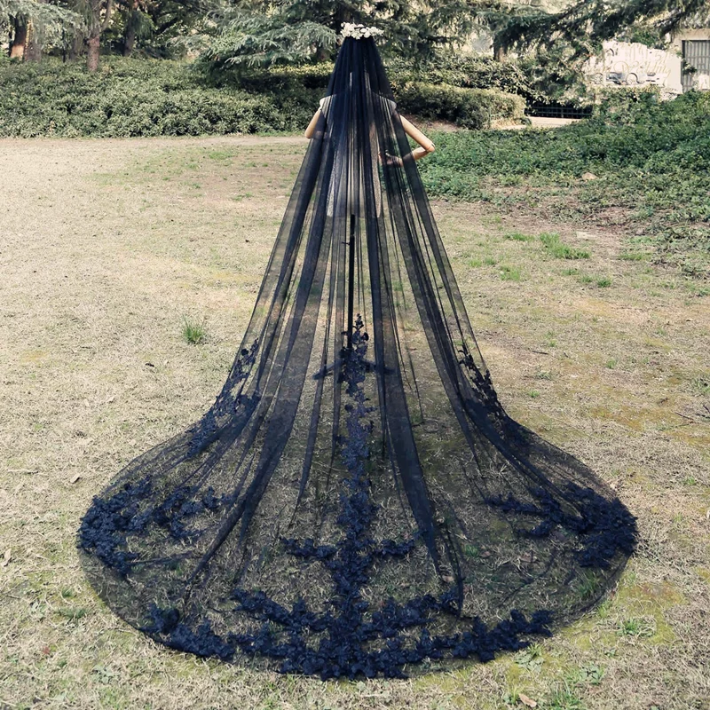 1 Layer Black Lace Wedding Veil Cathedral Length 3 Meters Bridal Veil