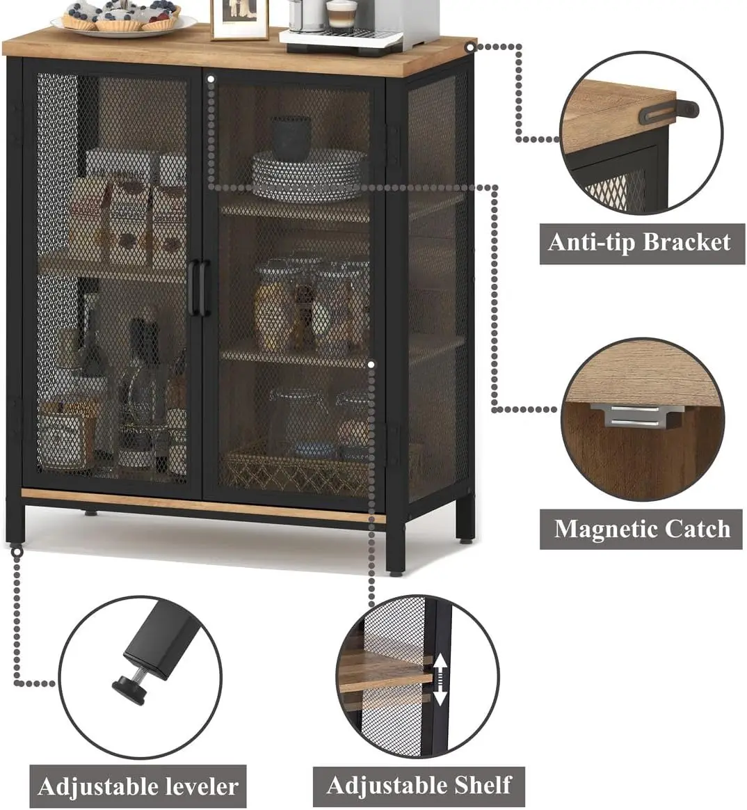 Petite armoire de café-bar avec rangement pour la maison, ferme rustique française ou armoire pour cuisine et entrée, meuble industriel