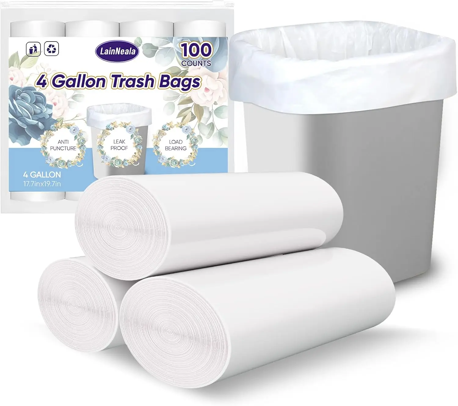 

4 Gallon Small Trash Bags, 100 Count White Unscented Garbage Bag Liners for Bathroom and Home Use