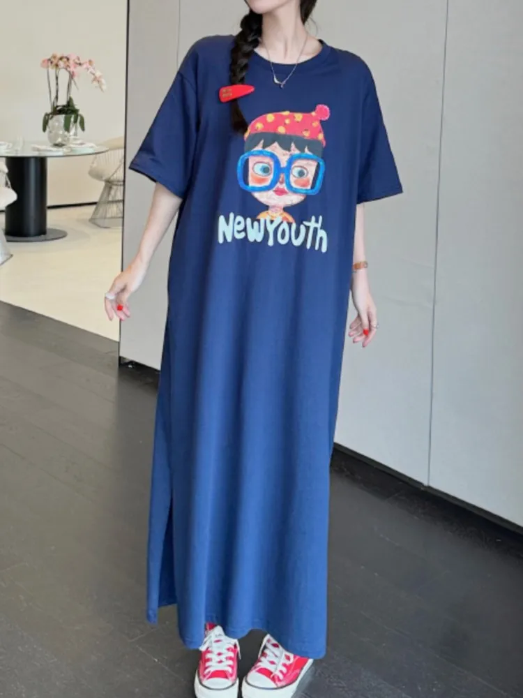 Abito lungo estivo allentato in cartone animato da donna Taglie forti Girocollo coreano Manica corta Stampa Abito t-shirt grande da donna
