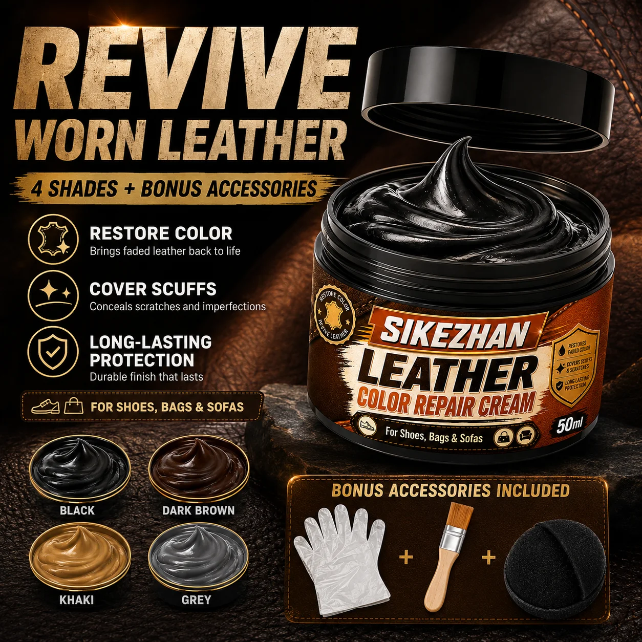 Leather Color Repair Cream for Shoes Bags Sofas, 50ml Leather Recolor Balm with Brush Sponge Gloves, 4 Colors Available