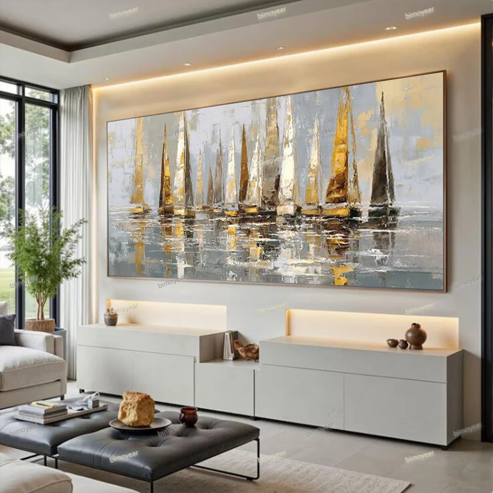 

Large Abstract Sailboat Oil Painting Coastal Sea View Canvas Mural Modern Navigation Living Room Ship Decoration Artwork