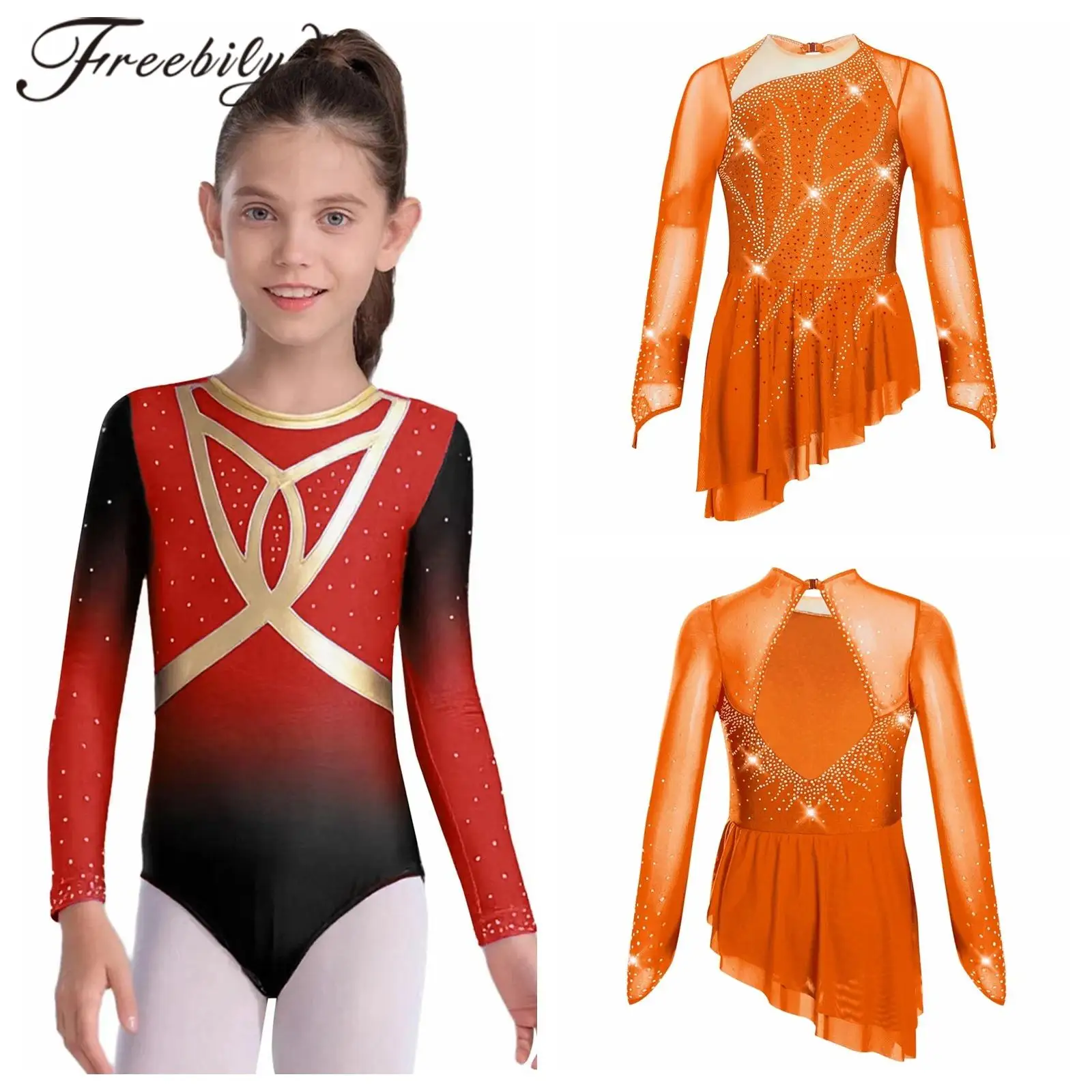

Kids Girls Artistic Figure Skating Dress Shiny Rhinestones Ballet Dance Costume Long Sleeve Bodysuit Rhythmic Gymnastics Leotard