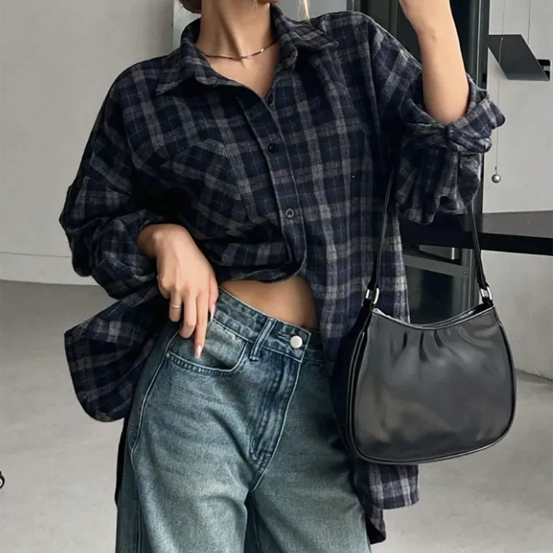 Deeptown Vintage Long Sleeve Plaid Shirts Oversized Woman Y2k Korean Style Blouses Harajuku Fashion Japanese Check Outerwears