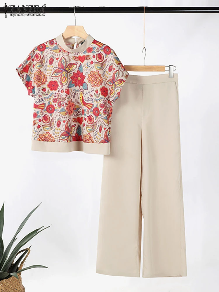 2PCS Vintage Matching Sets Summer Women Trousers Suit ZANZEA Elegant Short Sleeve Floral Blouse Pant Sets Casual Work Tracksuit