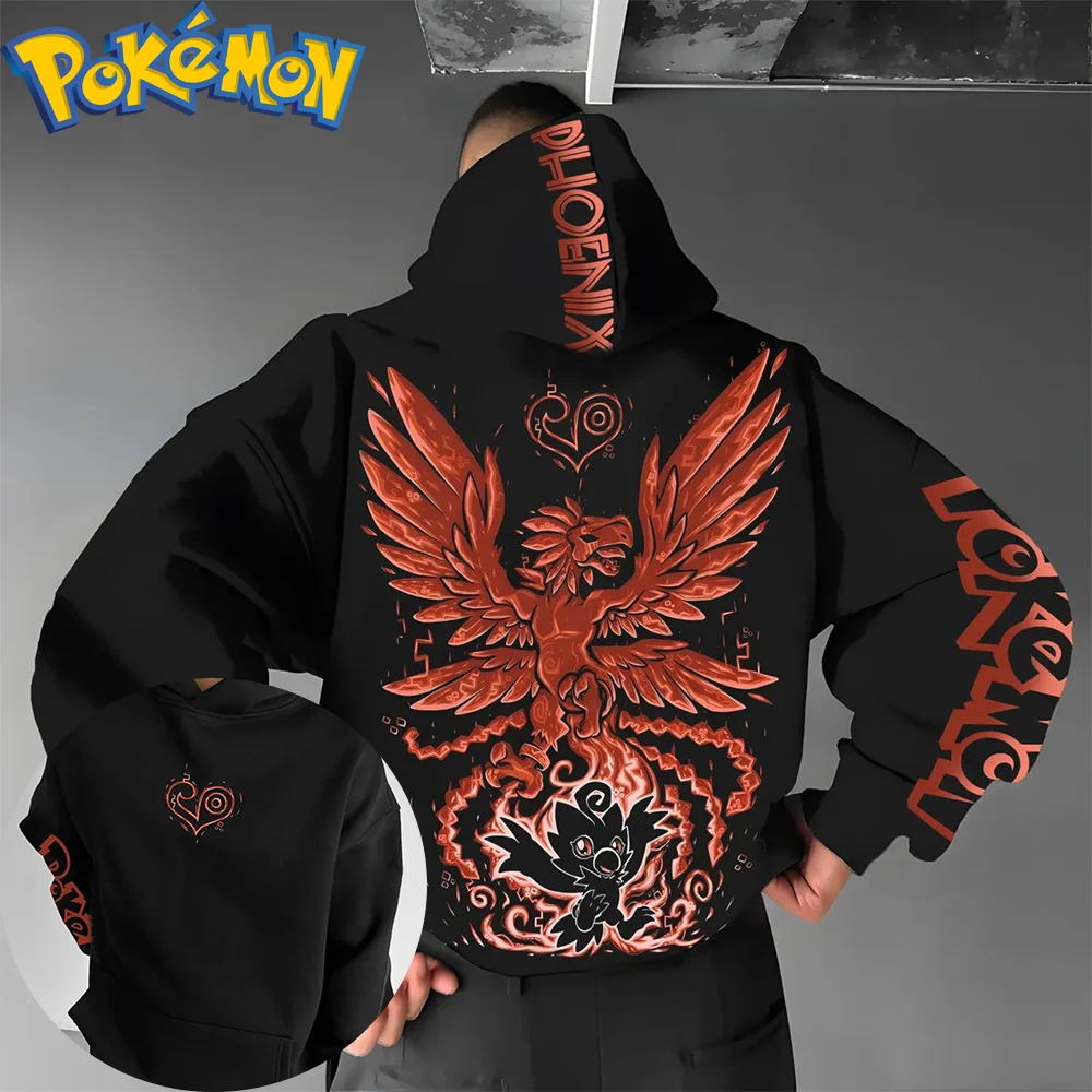 

Pokemon Anime Cotton Hoodie Harajuku Pants Set Black Red Phoenix Pattern with Wing Design Two Piece Outfit Casual Streetwear