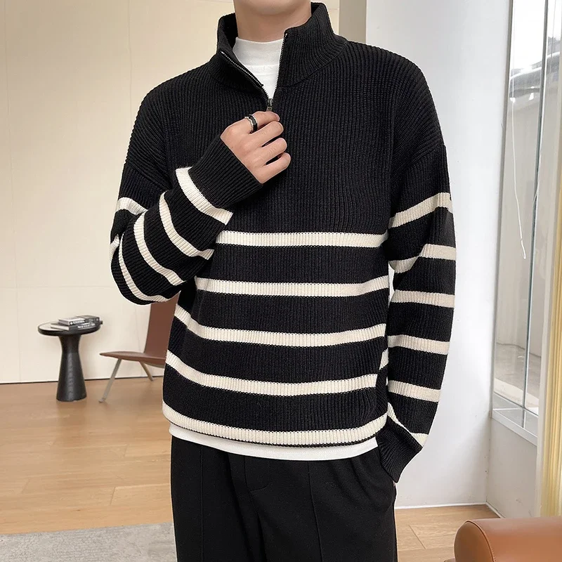 Men's Striped Mock Neck Pullover Sweater With Zipper Casual Daily Wear Autumn Winter Style