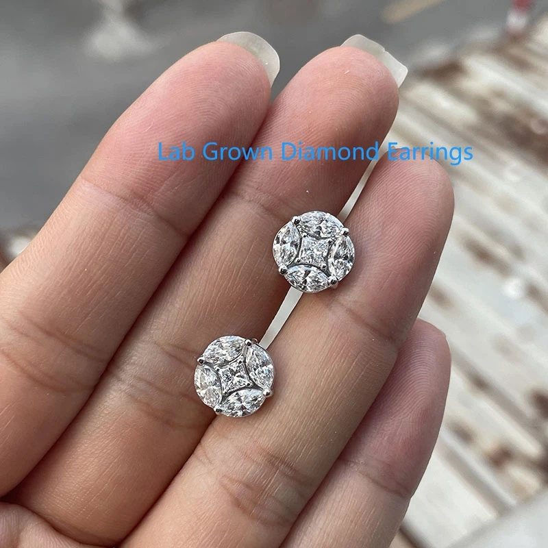2ctw Lab Grown Diamond Earrings In Platinum 950 Earrings For Lady DEF VS-VVS Marquise and Princess Diamond Push Back Closure