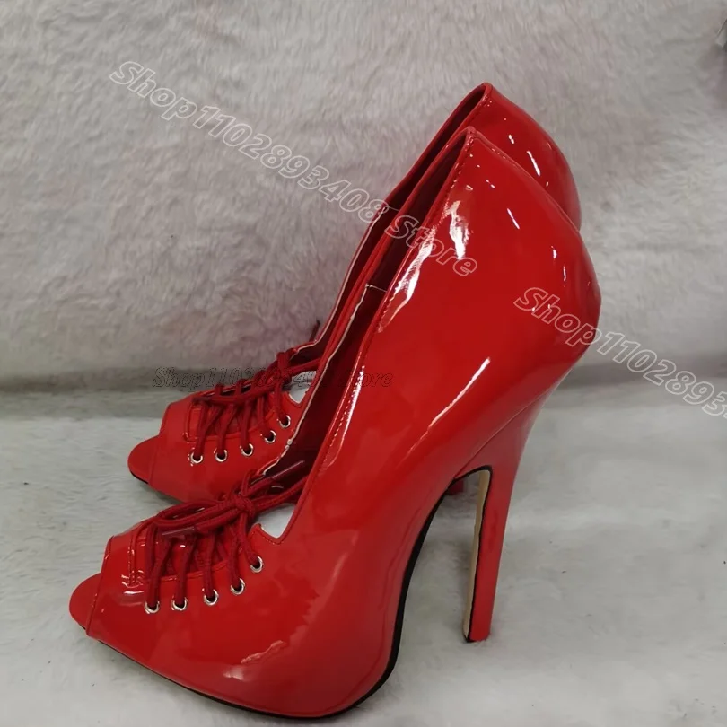 

Red Lace up Stiletto Pumps Peep Toe British Style Fashion Summer Patent Leather Party Dress Women Shoes 2025 Zapatos Para Mujere