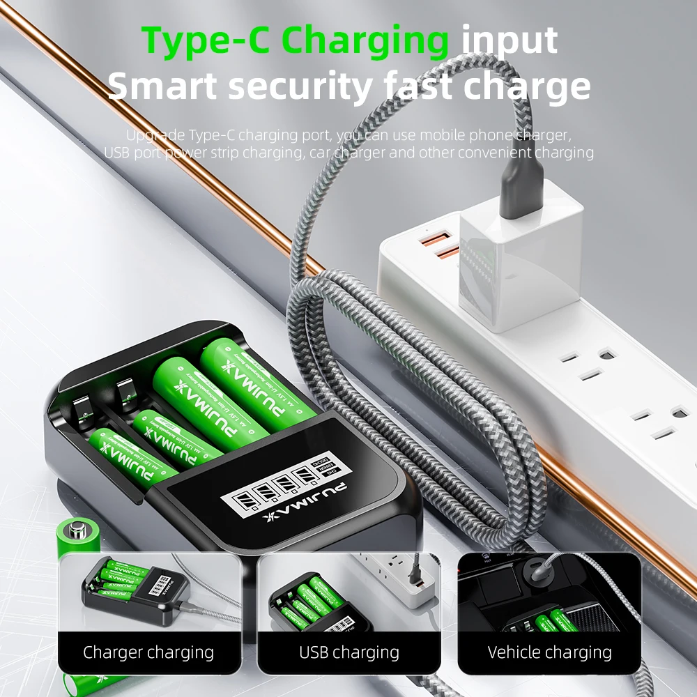 PUJIMAX شاحن بطارية 4 فتحات شحن سريع ل AA/AAA بطارية قابلة للشحن شاحن يو اس بي 1.5 فولت 1100mWh 4255mWh بطاريات ليثيوم