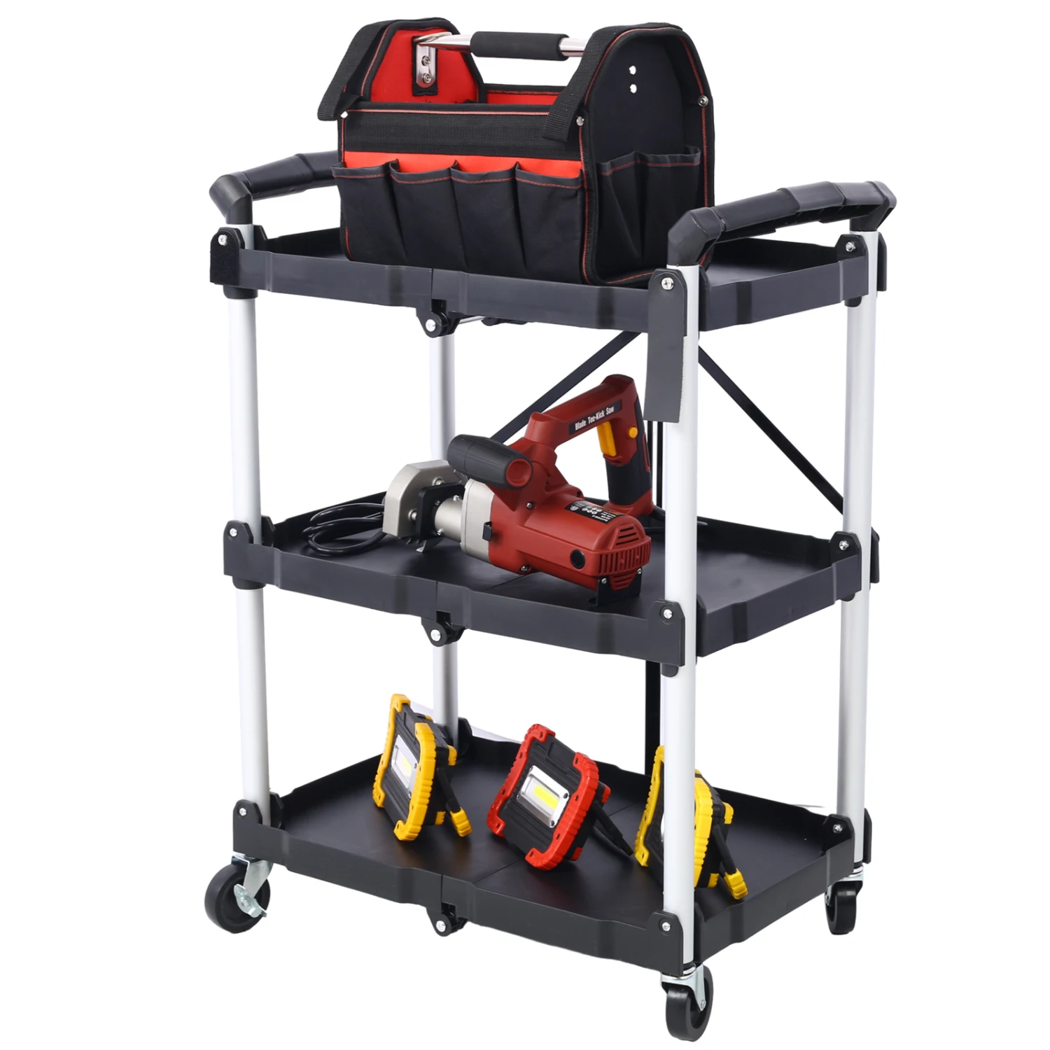 

3 Layers Folding Collapsible Service Cart Pack-N-Roll Folding Collapsible Service Cart, Black, 50 Lb. Load Capacity per Shelf