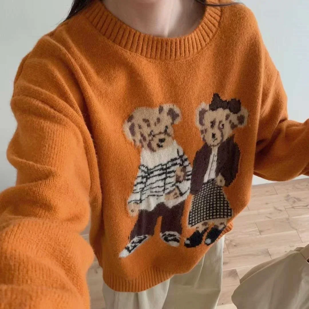 Korean Women O-neck Cartoon Printed Pullover Knitted Sweaters 2025 Autumn Winter New Vintage Korean Version Women Clothing