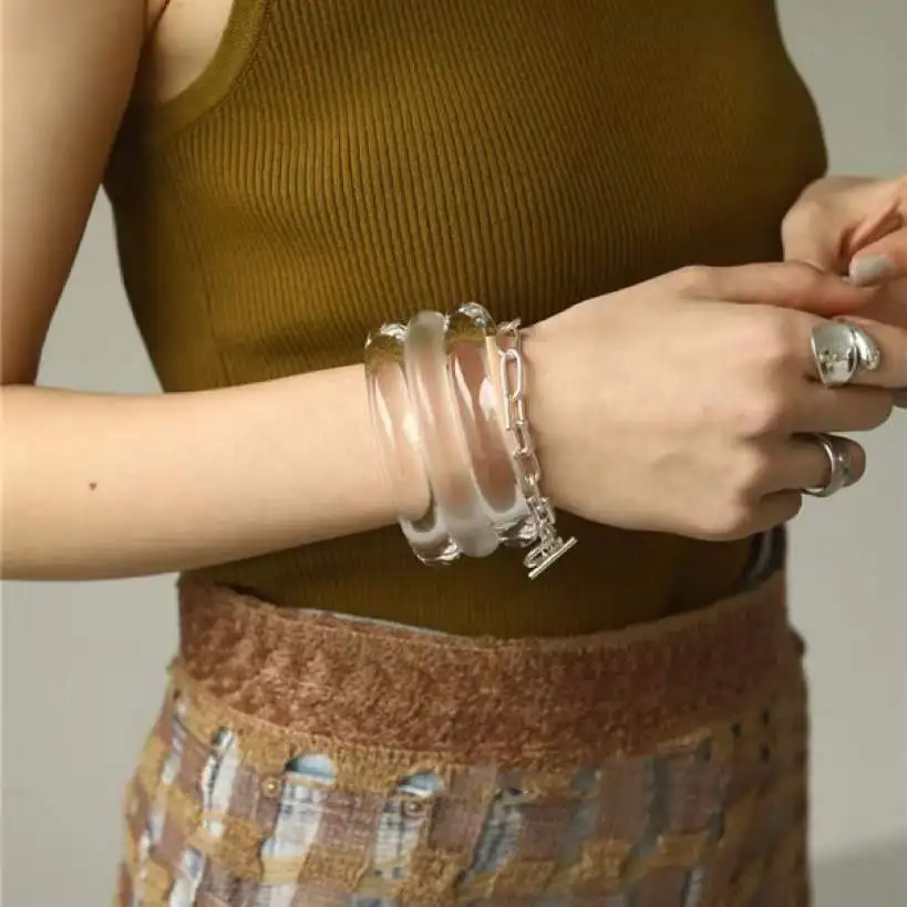 

Vintage Brown Transparent Resin Thick Cuff Bracelet Bangle Women Elegant Wide Chunky Geometry Big Open Bracelet Charm Jewelry