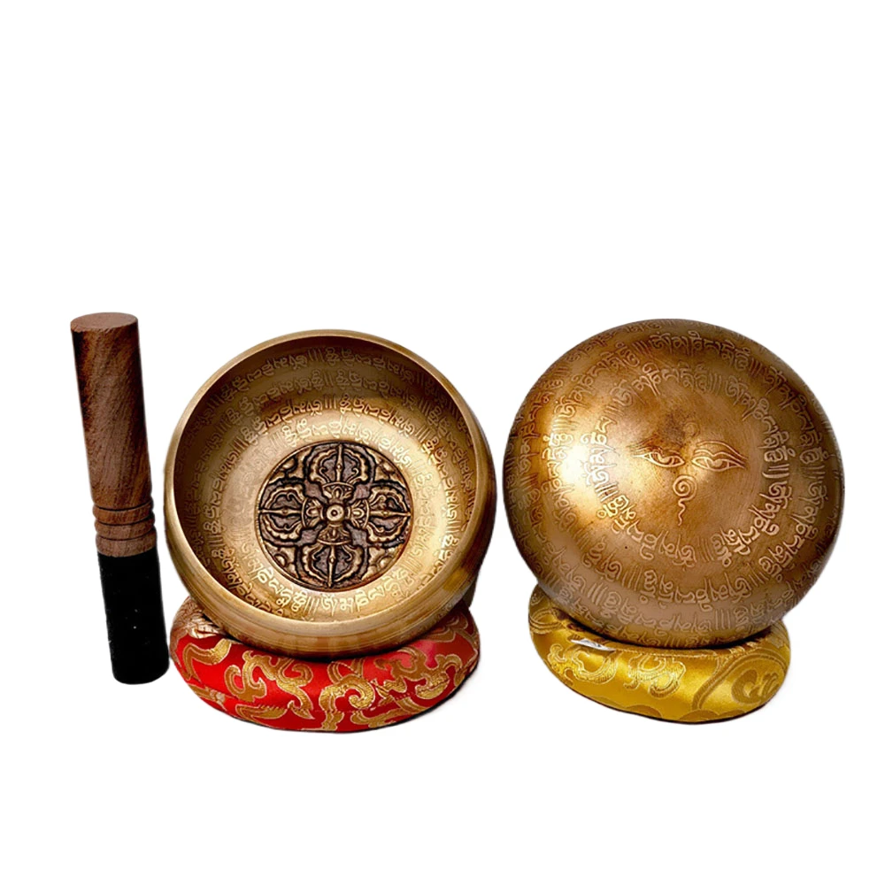 13cm Buddha Mantra Design Tibetan Nepal Handmade Singing Tibetan Bowls 1 Set with Leather stick for Yoga Chanting Meditation