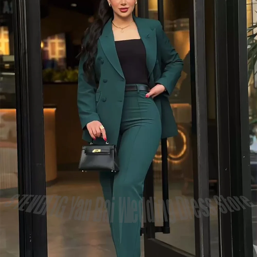 Casual Street Style Women Suits 2 Piece Sets Jacket with Pants Solid Color Double Breasted Peak Lapel Chic Daily Outfits