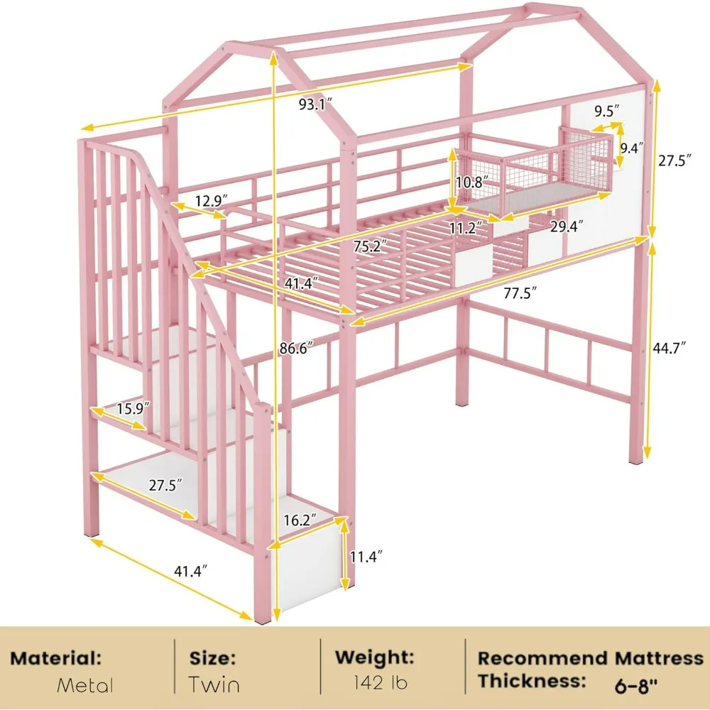Twin Size House Loft Bed with Stairs and Storage, Heavy-Duty Metal Princess Loft Bed Frame with Storage Box and Safety Rail