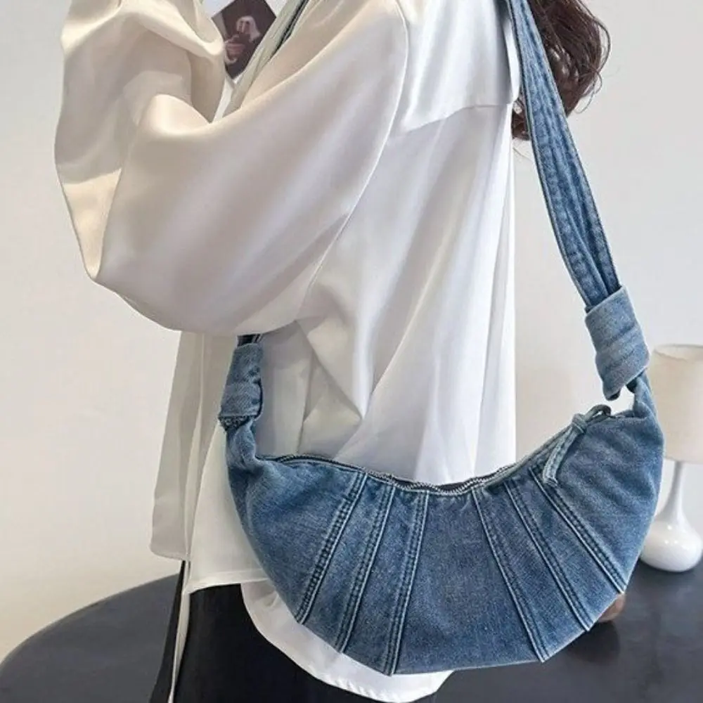 

Portable Vintage Croissant Crossbody Bag Solid Color Casual Denim Canvas Bag Handbag Large Capacity Jeans Canvas Bag Outdoor