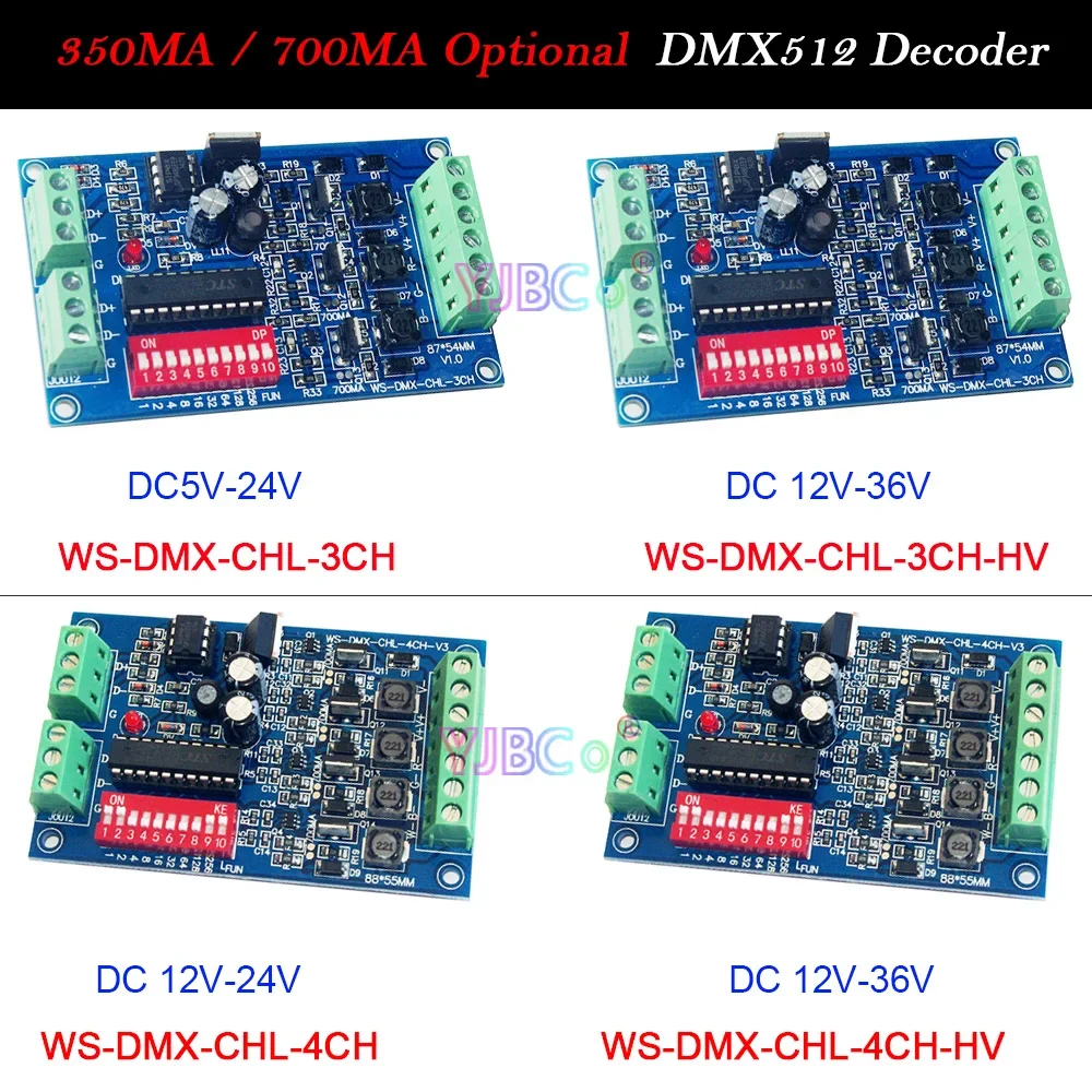 

5 В 12 В 24 В 36 В постоянный ток 3CH 4CH декодер DMX512 350MA/700MA DMX диммер RGB RGBW светодиодный контроллер для светодиодного освещения, полосы, лампы