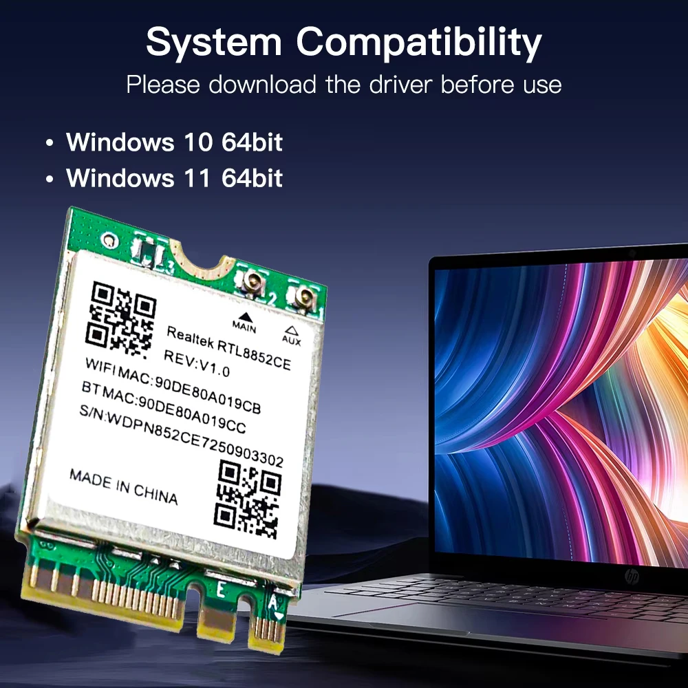 WiFi 6E RTL8852CE M.2 NGFF Wireless Network Card 5400Mbps 802.11AX Bluetooth 5.3 Adapter Tri-Band 2.4/5/6GHz for Windows 10/11