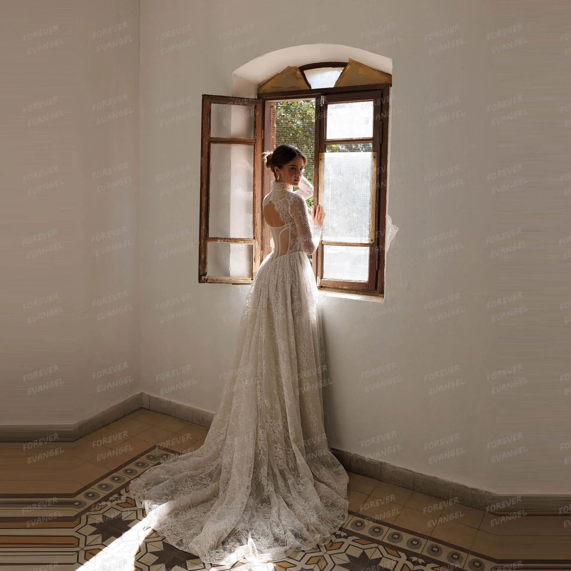 Schlichte Brautkleider A-Linie Sexy Spitzenkleid mit Glanz und Langen Ärmeln Formelle Brautkleider mit Applikationen 2026 Maßgeschneiderte Vestidos De Novia – Detail 5