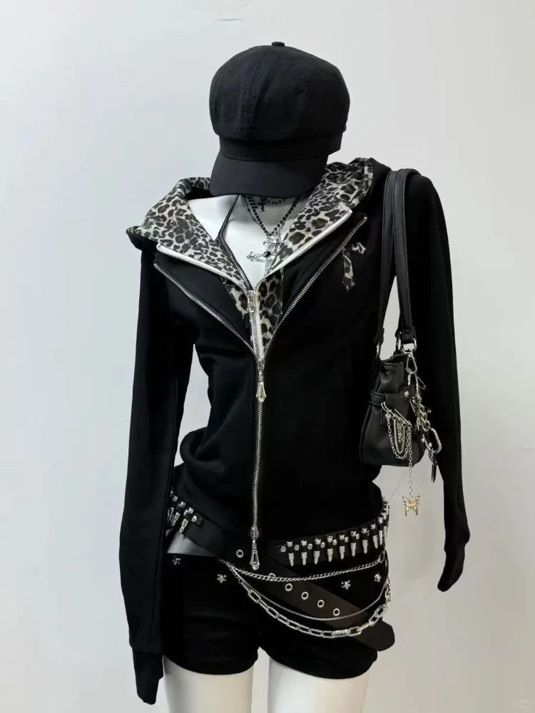 Y2K Leopard Print Hoodie Women's Zip-Up Coat