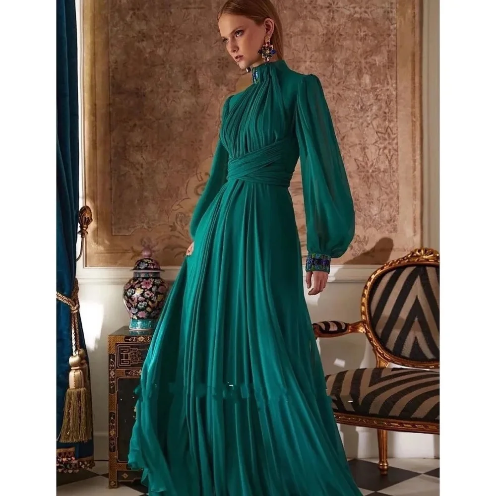 Gorgeous Green Chiffon High Neck Prom Dresses Puff Sleeves A-Line Vintage Evening Gowns Formal Party Dresses Customized