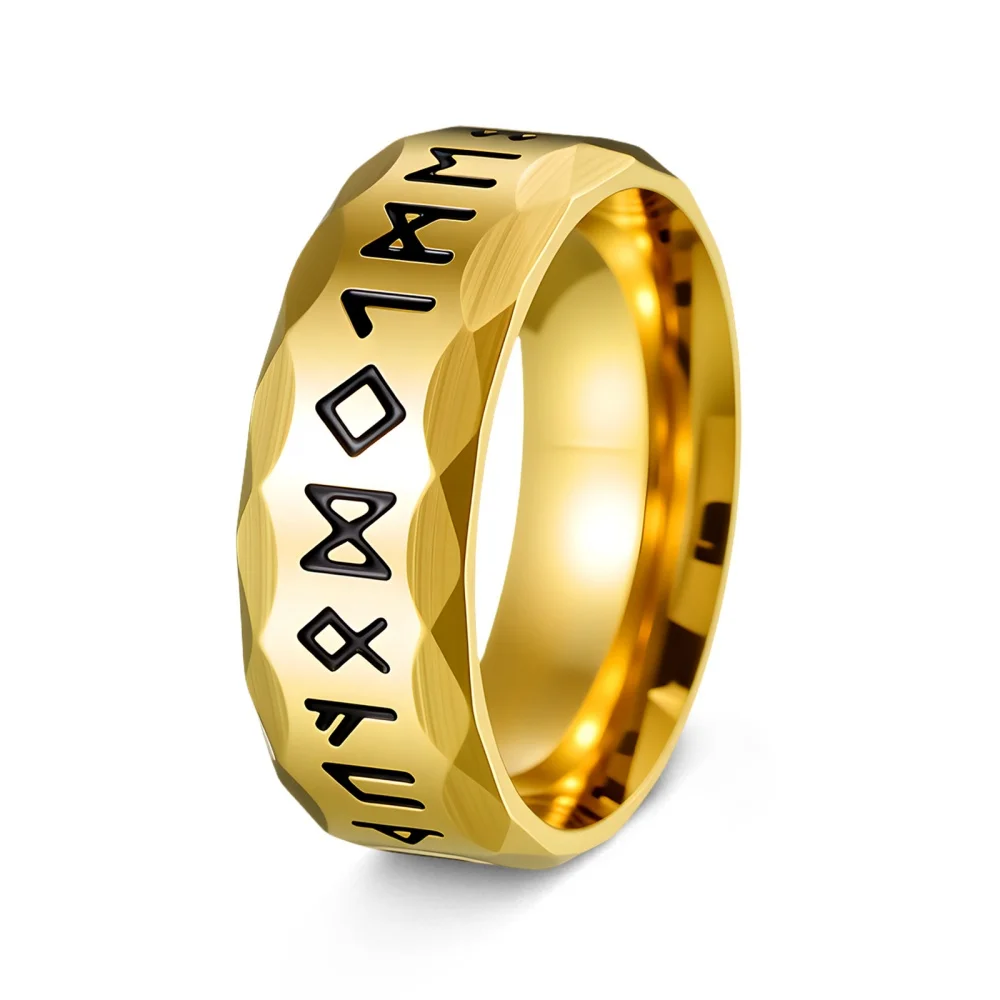 Runenring für Herren, facettierter, graviertes Symbolband, goldfarben, Edelstahl, Ring im nordischen Stil, geometrischer Statement-Schmuck. – Detail 6