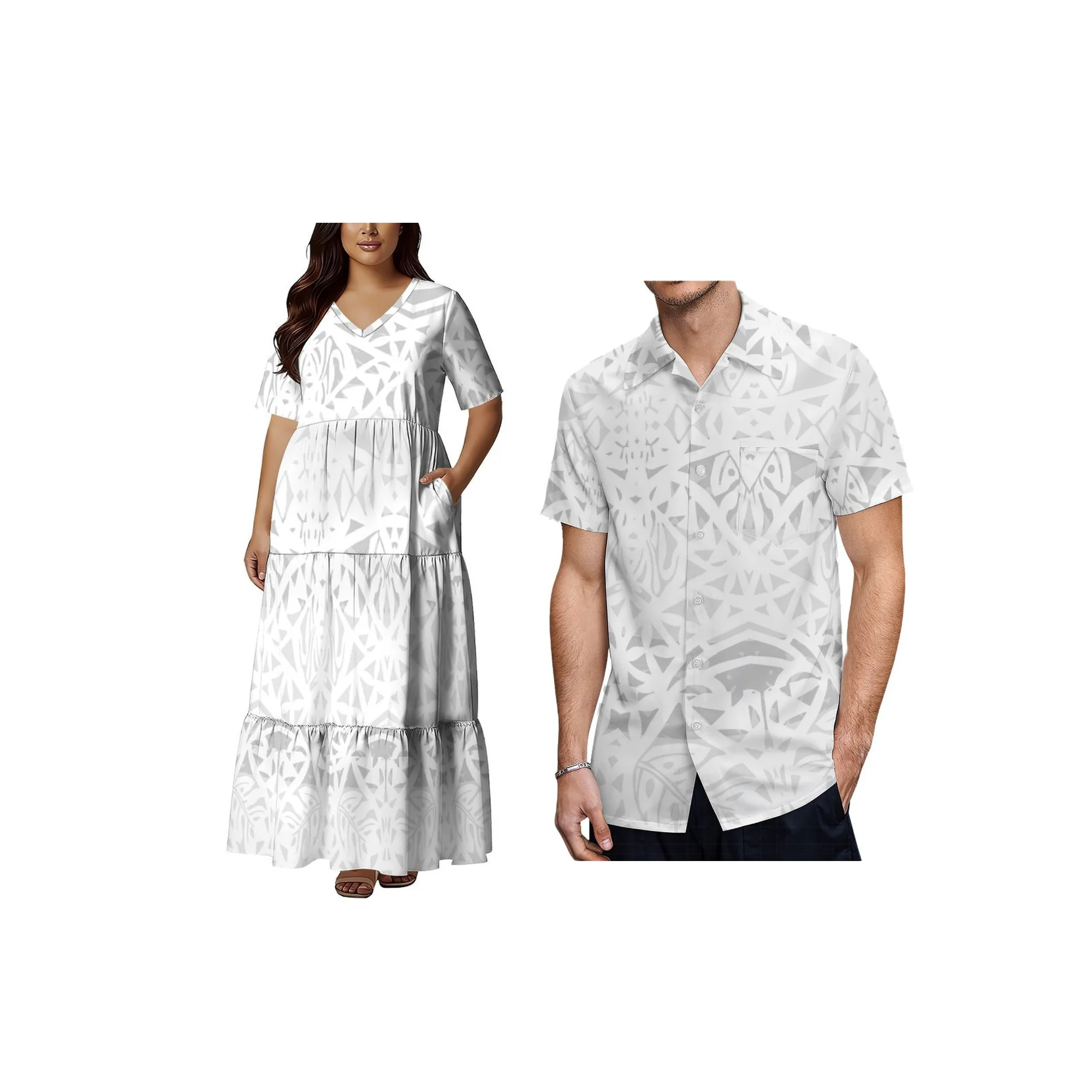 

New Arrival Women With Pocket Design Casual Dress Custom White Sunday Style Polynesian Design Multi Tiered Short Sleeve Dress