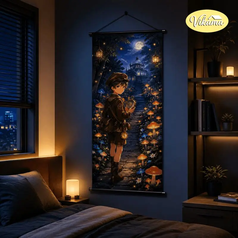 VIKAMA Anime Explorer Boy Tapestry Magical Mushroom Forest Night Moon Art Wall Hanging Bedroom Living Room Aesthetic Home Decor