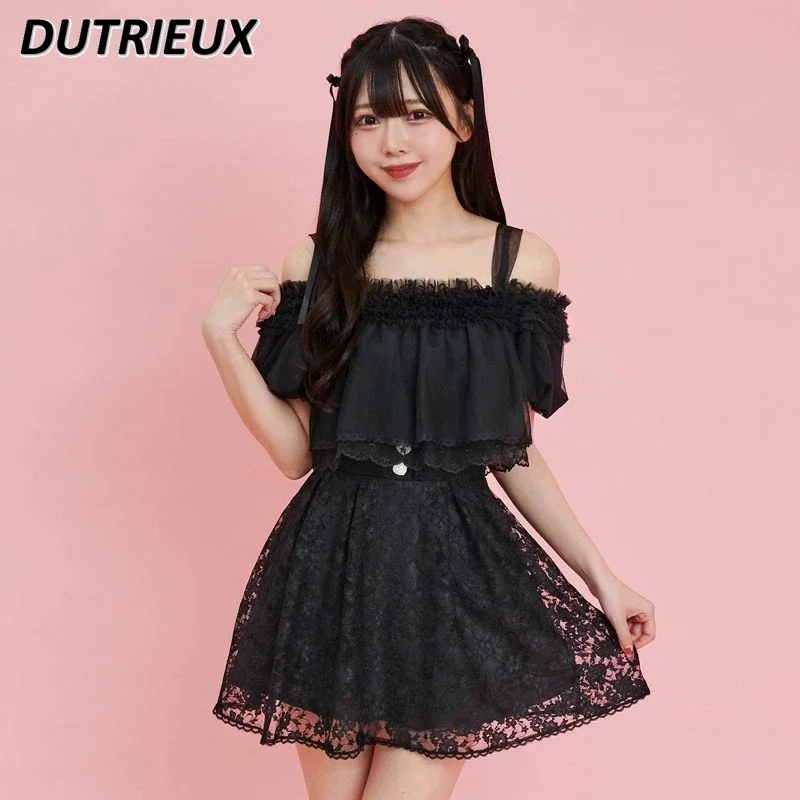 Summer New Sweet Girls Shirt Japanese Off-shoulder Short Tops Fake Two-Piece Lace Stitching Wooden Ear Princess Blouse