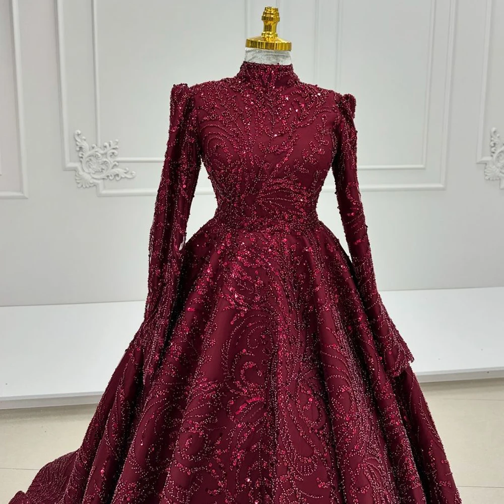 Customized Burgundy Sparkling Sequin Beaded Evening Gown Long Sleeved Islamic Formal Party Women'S Dress Arab Dubai Robe