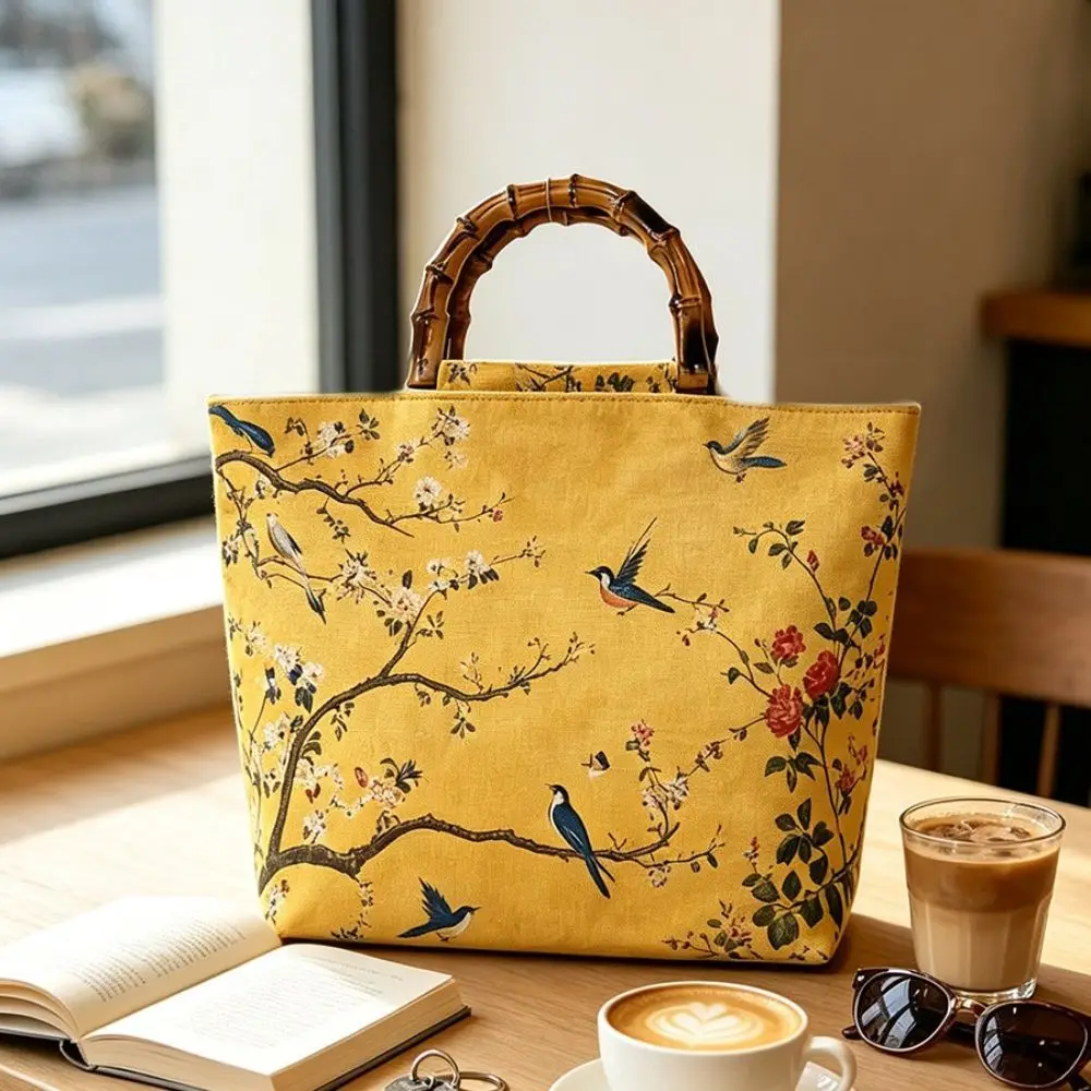 Bright Yellow Large Capacity Tote Bag Bird Floral Print Faux Bamboo Handle Multi-functional Bag Large Capacity Multi-functional