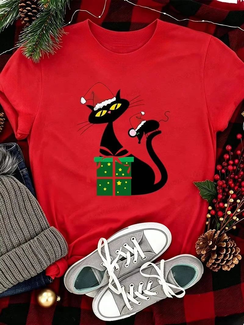 Christmas Black Cat and Mouse Graphic  Women's Oversized T-shirt Short Sleeve Santa Hat Cat Xmas Family Matching Tops Cat Gift