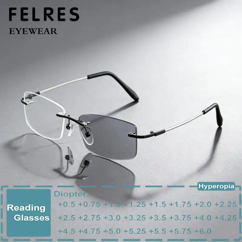 

Boundless Photochromic Reading Glasses Men Women Memory Titanium Alloy Presbyopia Eyewear Outdoor Turn Gray Under Sunlight