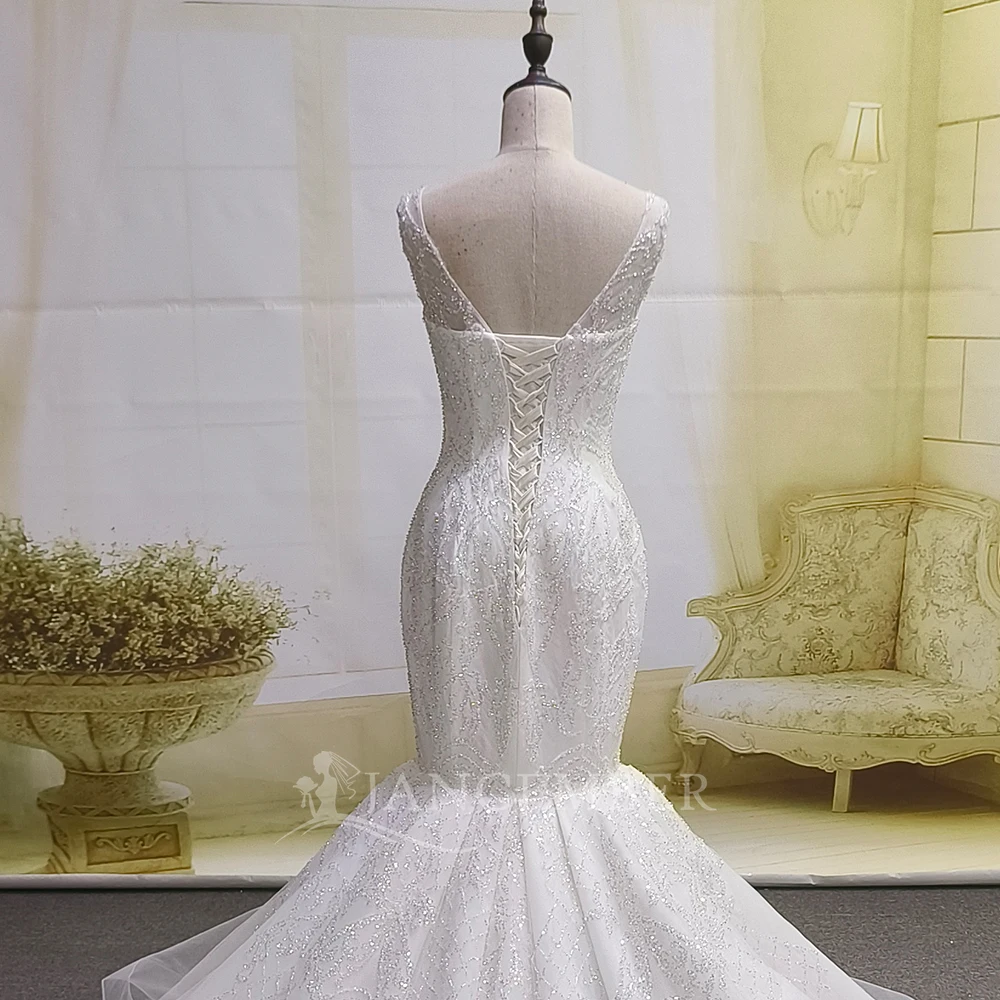 Vestidos De Novia brillantes De sirena De lujo personalizados, Vestido De Novia sin mangas con cuello en V, Vestido De Novia con cuentas De princesa con purpurina