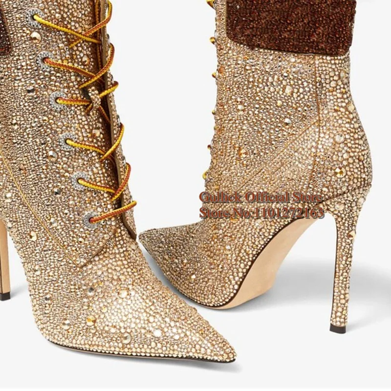 Handmade Crystal Pointed Toe Ankle Boots Mixed Colors Rhinestone Lace Up Lady Banquet Evening Dress Shoes - Image 5
