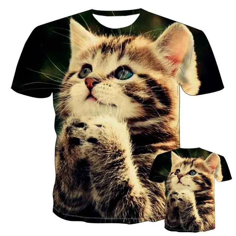 New Summer Fashion Cool T-shirt Men/girls Kids 3d Cute Animal Cat Print Sporty Breathable Lightweight Fitness Sports Top