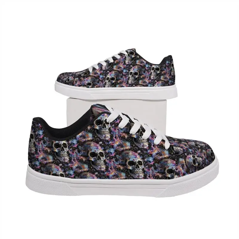 Ladies Men's casual low-top white sneakers，Cosmic Skull Art Design，Stylish and Comfortable，Suitable for Everyday Wear，Trendy fas view 3