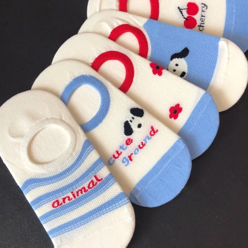 5 pairs Casual comfortable women's boat socks fashionable short socks color blocked stripes light mouth socks cute cartoon socks