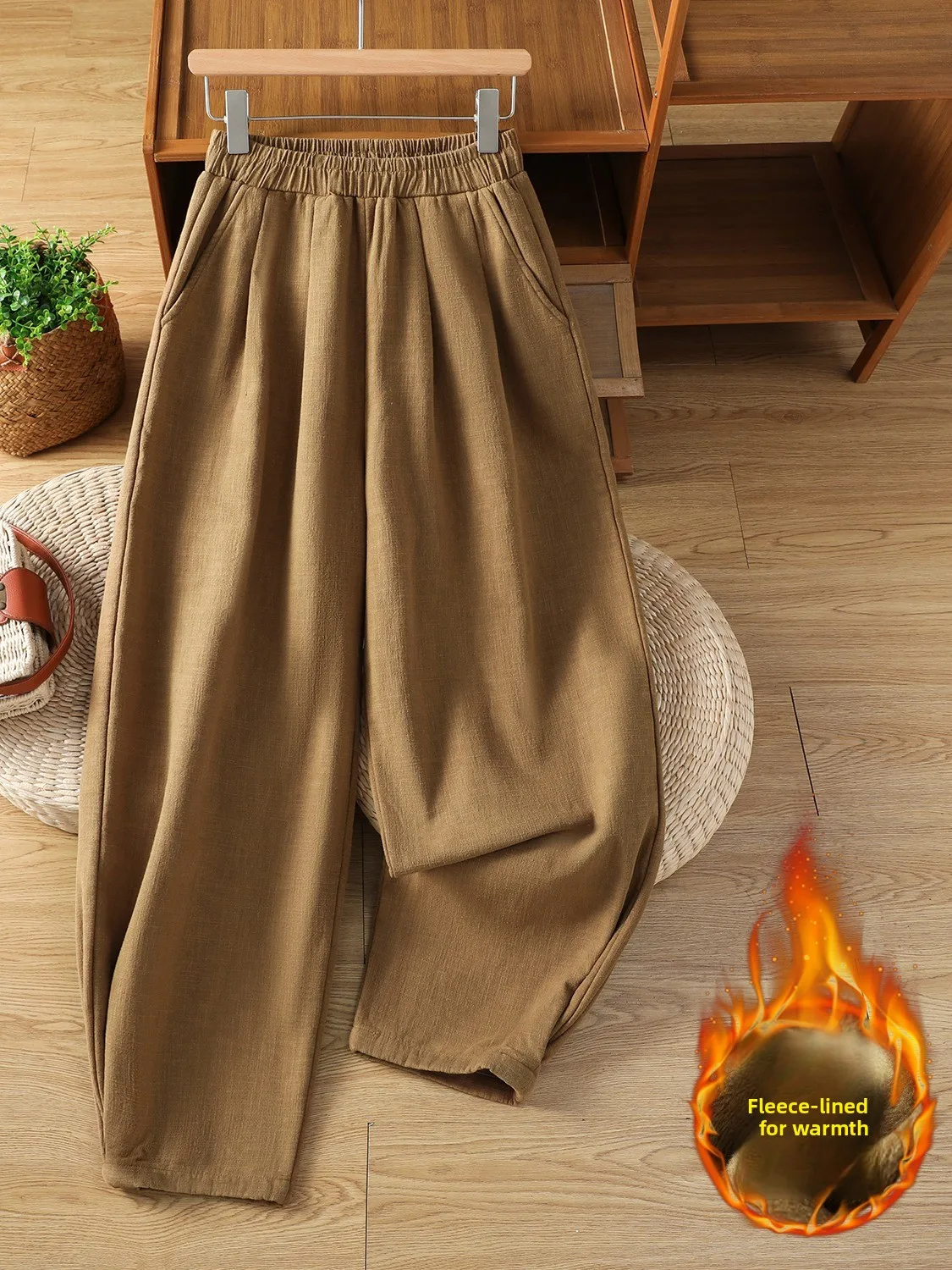 따뜻한 안감의 면 린넨 슬림핏 하이웨이스트 하란 팬츠 여성 겨울용 신축성 허리 슬림 캐주얼 팬츠 아우터웨어