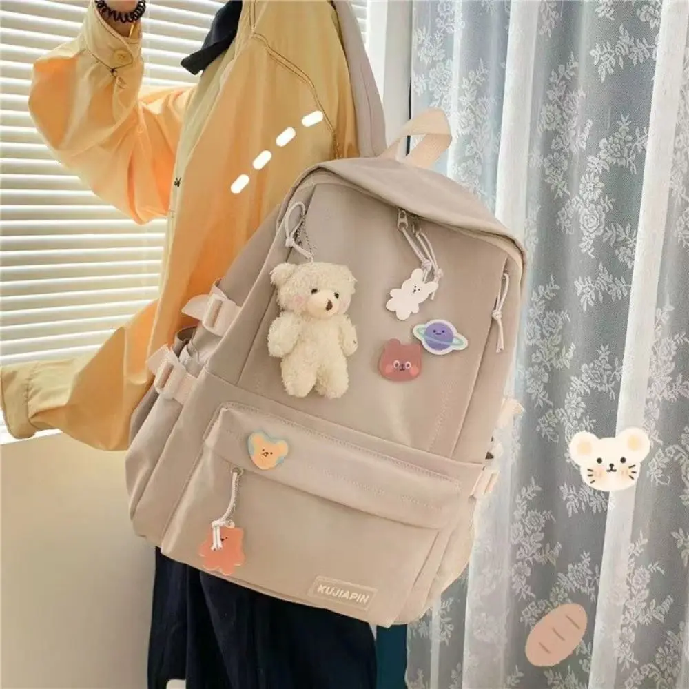 Cute Bear Pendant Solid Color Backpack Large Capacity Korean Style Students School Bag Badge Storage Bag Shoulder Bag Outdoor