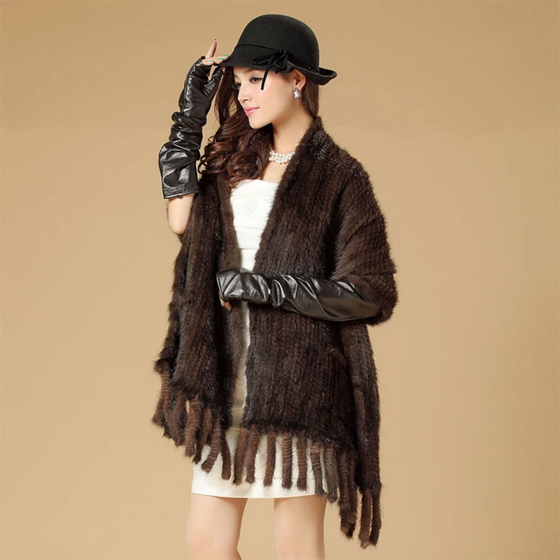 Mink cape fur mink knitted tassel large cape scarf Black mink fur shawl with pocket and fringes Fur scarf