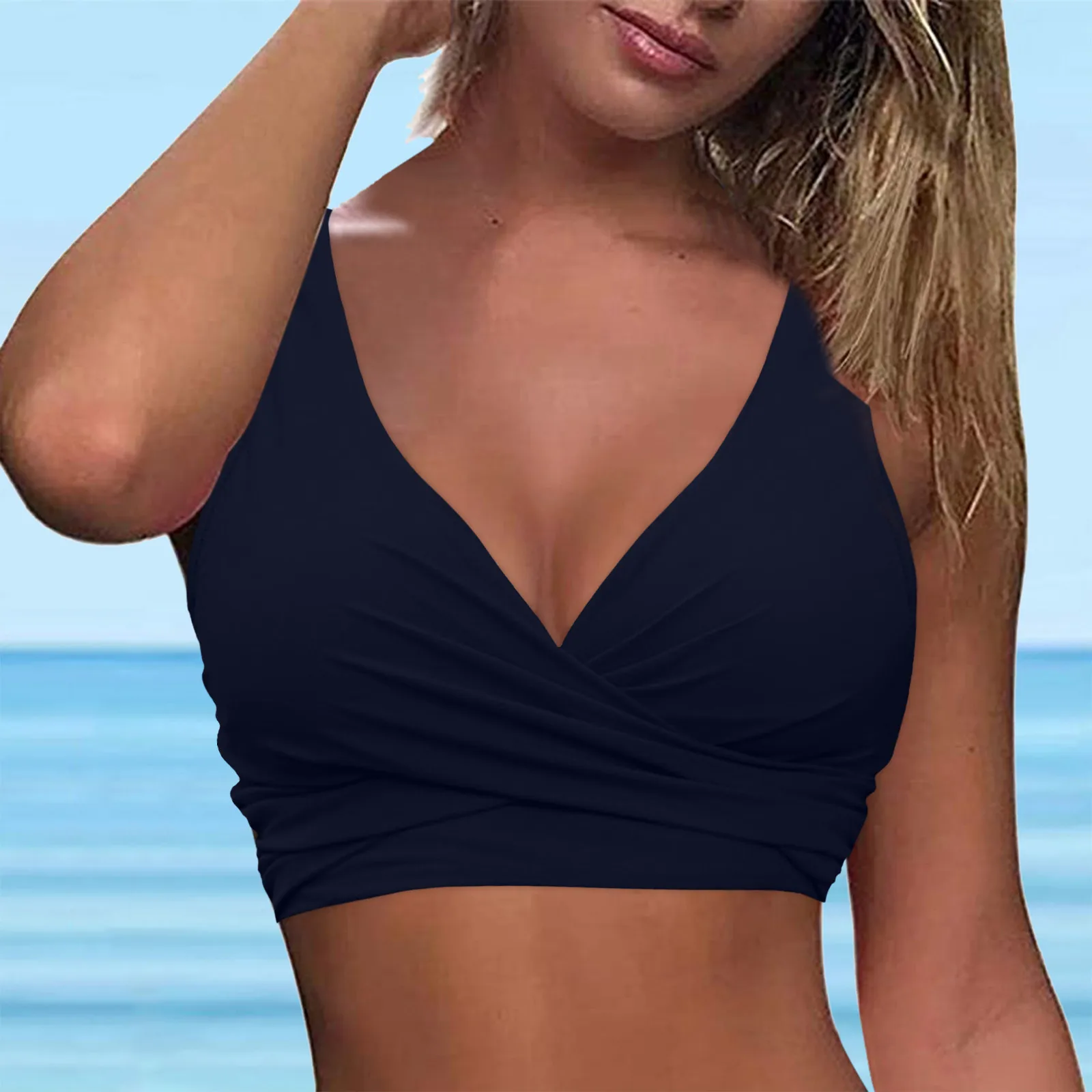 Tops de Bikini para mujer, traje de baño con Espalda descubierta, Color sólido, cruzado, fruncido, profundo en V, ahuecado, con cordones, Tops cortos, chaleco de playa