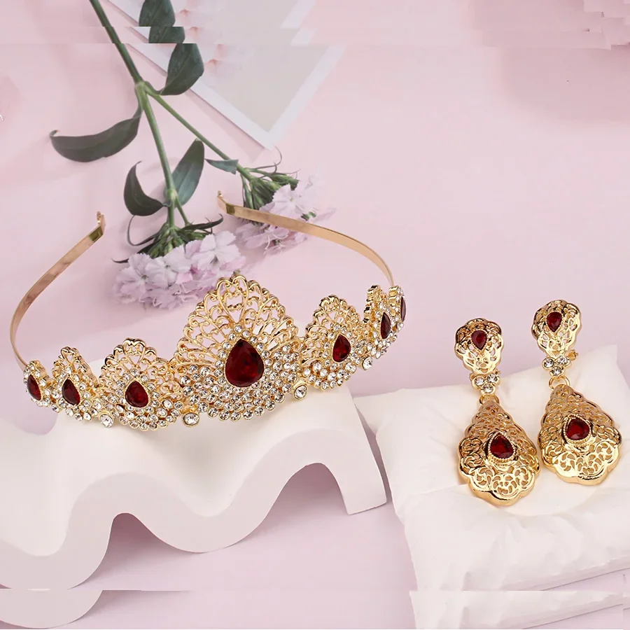 

New Moroccan Wedding Hair Crown Gold Plated Water Drop Rhinestone Hair Accessories for Women Ethnic Diademas Para Niñas