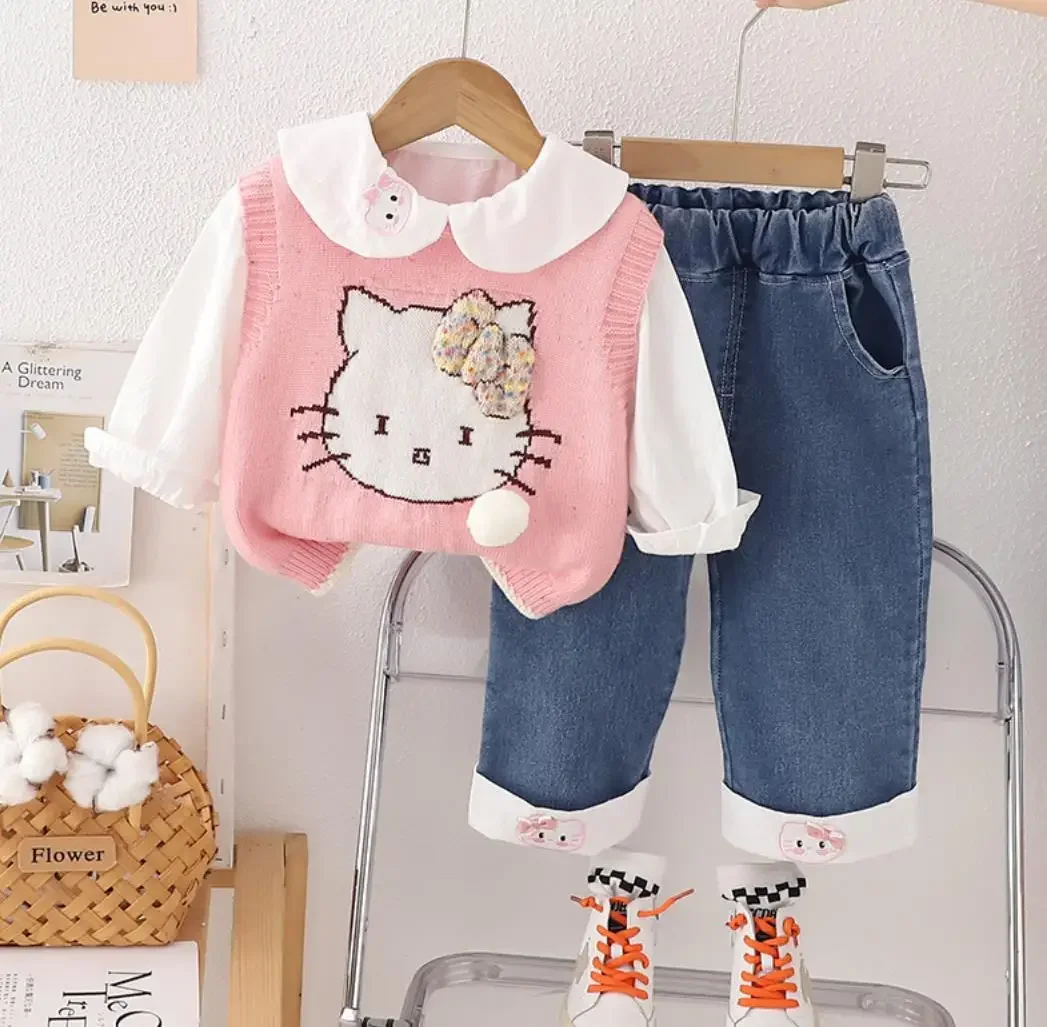 

Kids Girls Designer Sets Spring Autumn Princess Cartoon Bow Sweater Vest+Cute Shirts+Pants 3PCS Infant Outfits Girl Baby Clothes