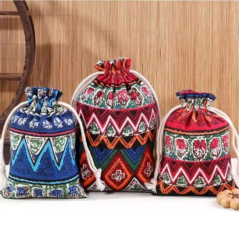 

10 Pcs/Lot Traditional Printing Cotton Drawstring Bags | Vintage Jewelry Pouches 10X14CM & 13X18CM | Gift Packaging & Storage