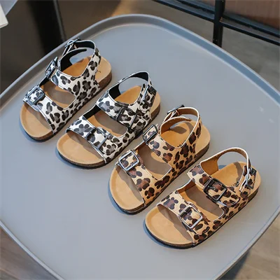 Children\'s Square Button Camo Open Toe Sandals Light Brown/black, Girls 2024 Summer New PU Outdoor Fashion Sandals, Size 26-36