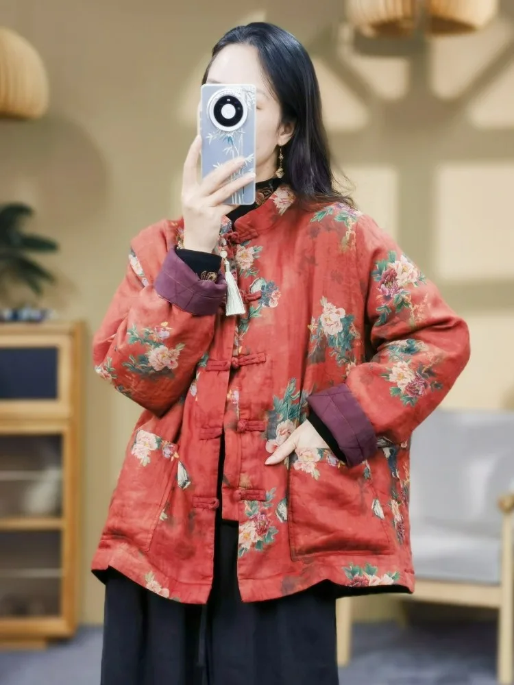 

Retro Chinese Sle Button up Thiened Cotton Jaet Women's Floral Print Sandwich Cotton Soft Warm Outerwear Coat