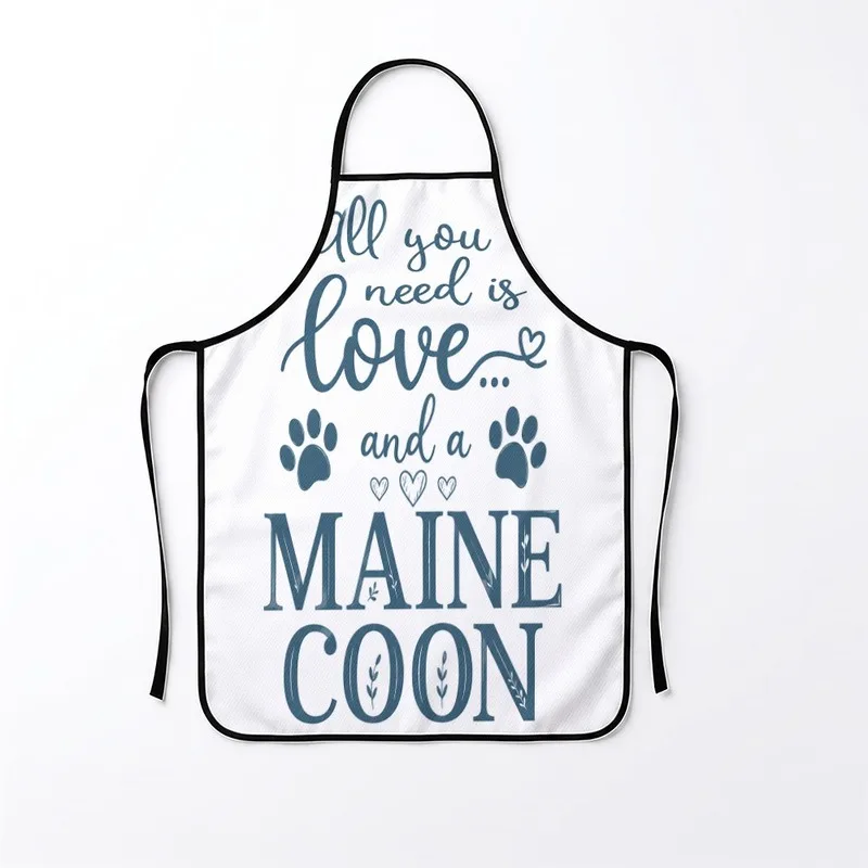 1PC【Apron】2DFlat effect，Printed“All you need is love and a MAINE COON”Text、print of paws and hearts，Fun, durable, and